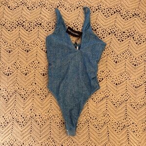 PrettyLittleThing One Piece Swimsuit Blue Denim One Shoulder Women's Size 0 NWT